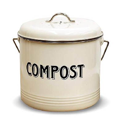 Compost Bin with FREE Charcoal Filters Vintage Cream Powder-Coated Carbon Steel | Kitchen Pail with Lid, Trash Keeper Container Bucket, Recycling Caddy