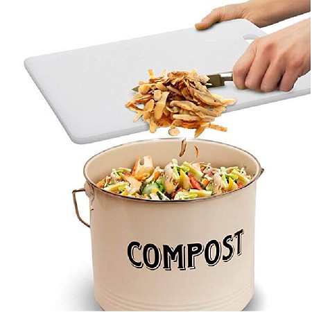 Compost Bin with FREE Charcoal Filters Vintage Cream Powder-Coated Carbon Steel | Kitchen Pail with Lid, Trash Keeper Container Bucket, Recycling Caddy