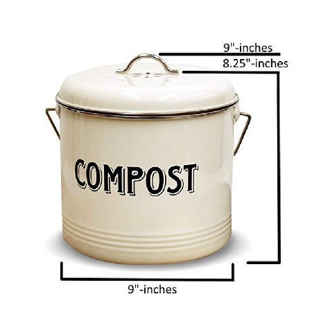 Compost Bin with FREE Charcoal Filters Vintage Cream Powder-Coated Carbon Steel | Kitchen Pail with Lid, Trash Keeper Container Bucket, Recycling Caddy