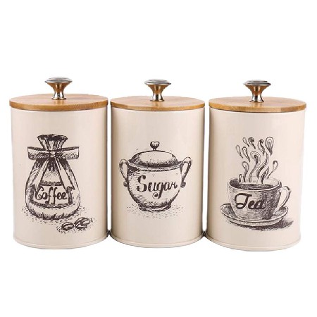 Metal Iron 3-Piece Vintage Retro Food Storage Coffee Sugar Tea Kitchen Canister With Lid