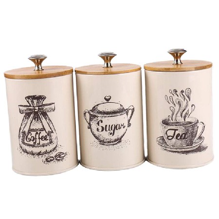 Metal Iron 3-Piece Vintage Retro Food Storage Coffee Sugar Tea Kitchen Canister With Lid