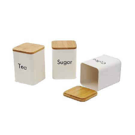 Cream Metal 3 Food Storage Containers for Coffee Tea and Sugar with Bamboo Lids