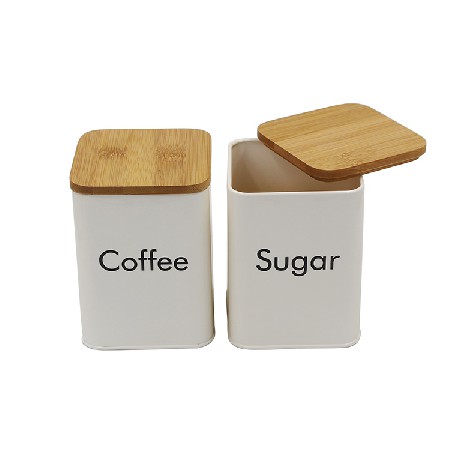 Cream Metal 3 Food Storage Containers for Coffee Tea and Sugar with Bamboo Lids