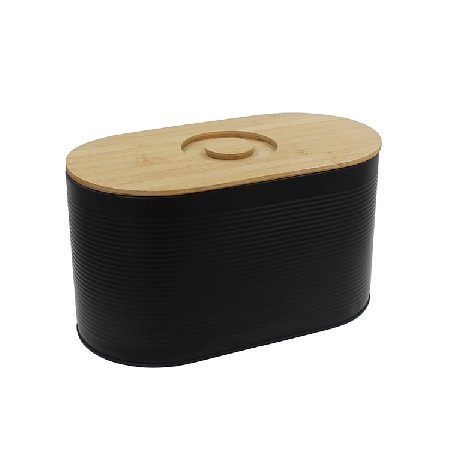 Vintage Unique Metal Matte Black Bread Bin with Bamboo Lid