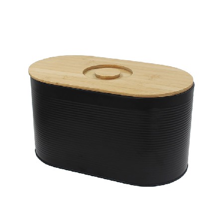 Vintage Unique Metal Matte Black Bread Bin with Bamboo Lid