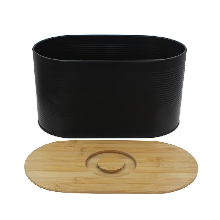 Vintage Unique Metal Matte Black Bread Bin with Bamboo Lid