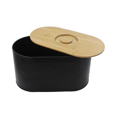 Vintage Unique Metal Matte Black Bread Bin with Bamboo Lid