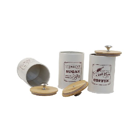 Cream white Set of 3 Metal Food Storage Tin Canister Jar with Bamboo Lid